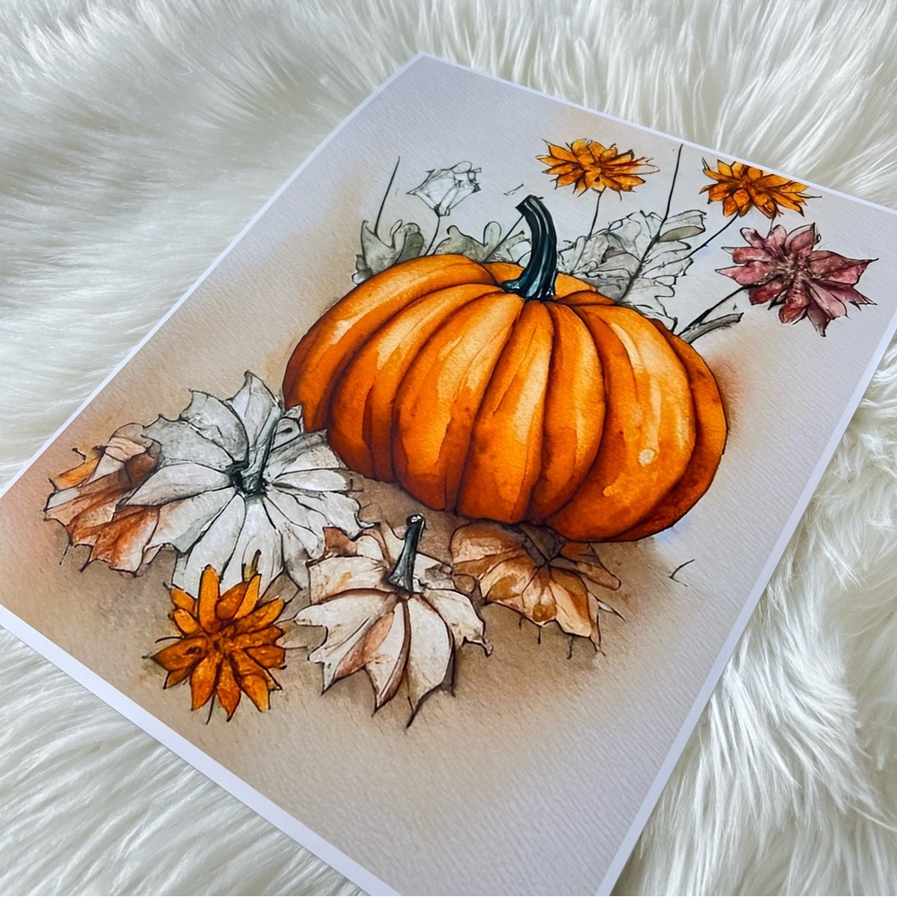 Wall Art Watercolor Floral Pumpkins Print Poster Card Unframed - Picture 10 of 12